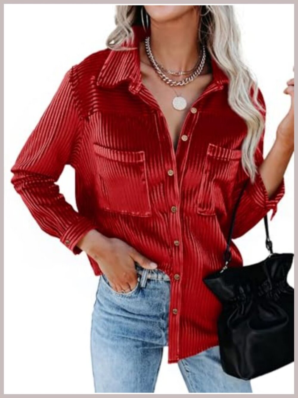 Velvet Button Down Shacket Long Sleeve Blouse with Pockets